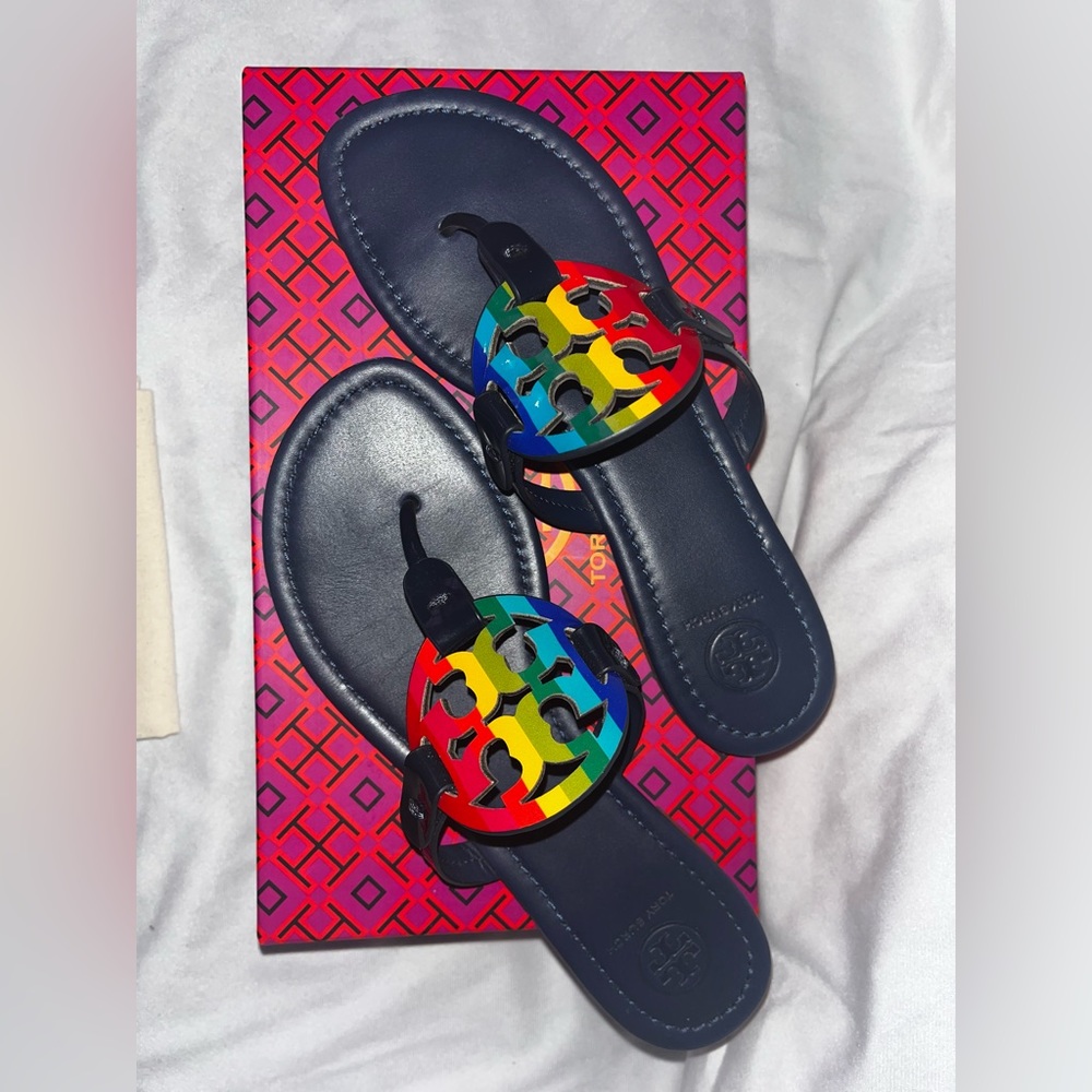 ***WORN ONCE*** Bright Rainbow/Royal Navy Tory Burch Miller sandal size 8.5